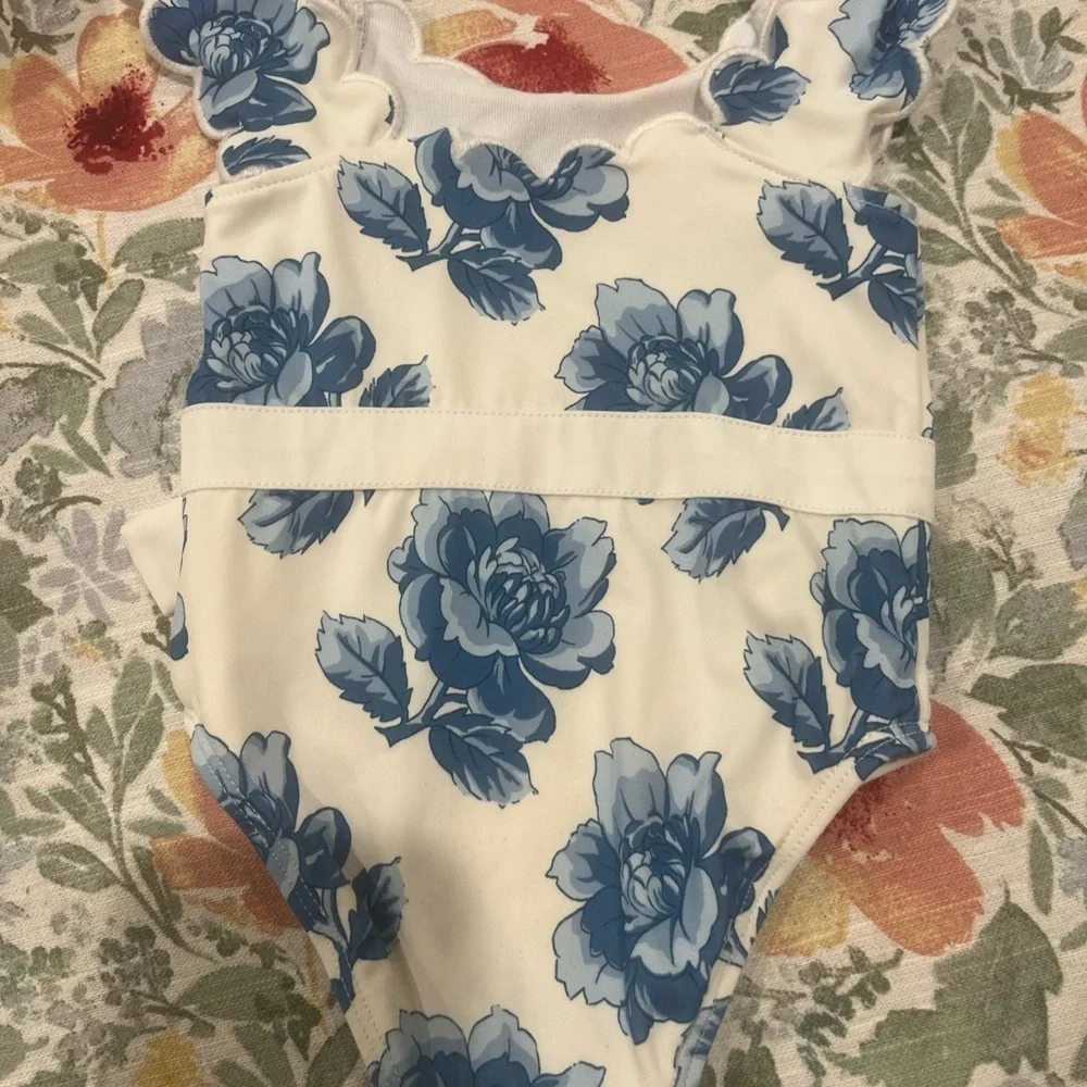 Janie and Jack White and Blue Floral Ruffle Swimsuit